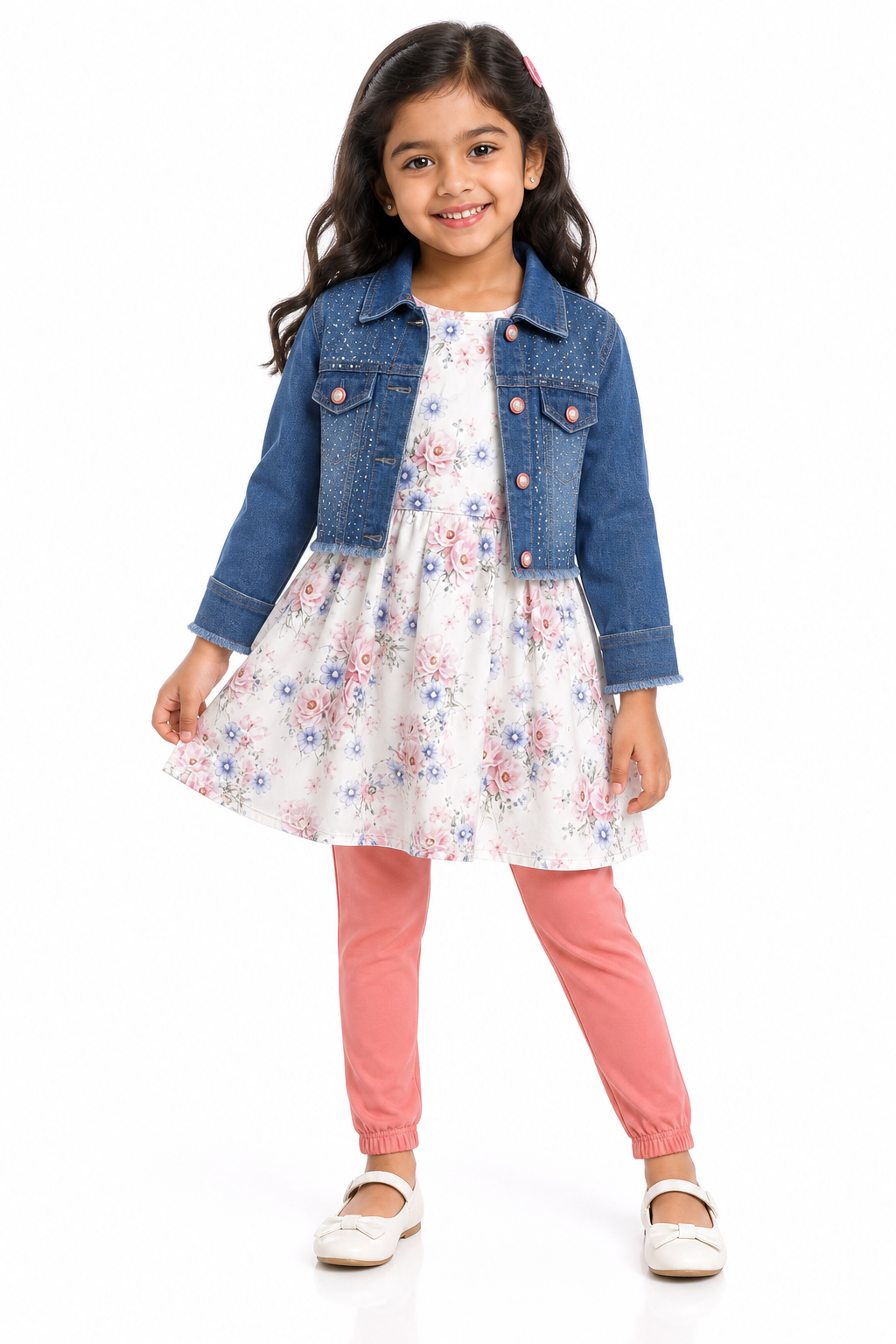 Floral Dress, Denim Jacket & Jogger Set