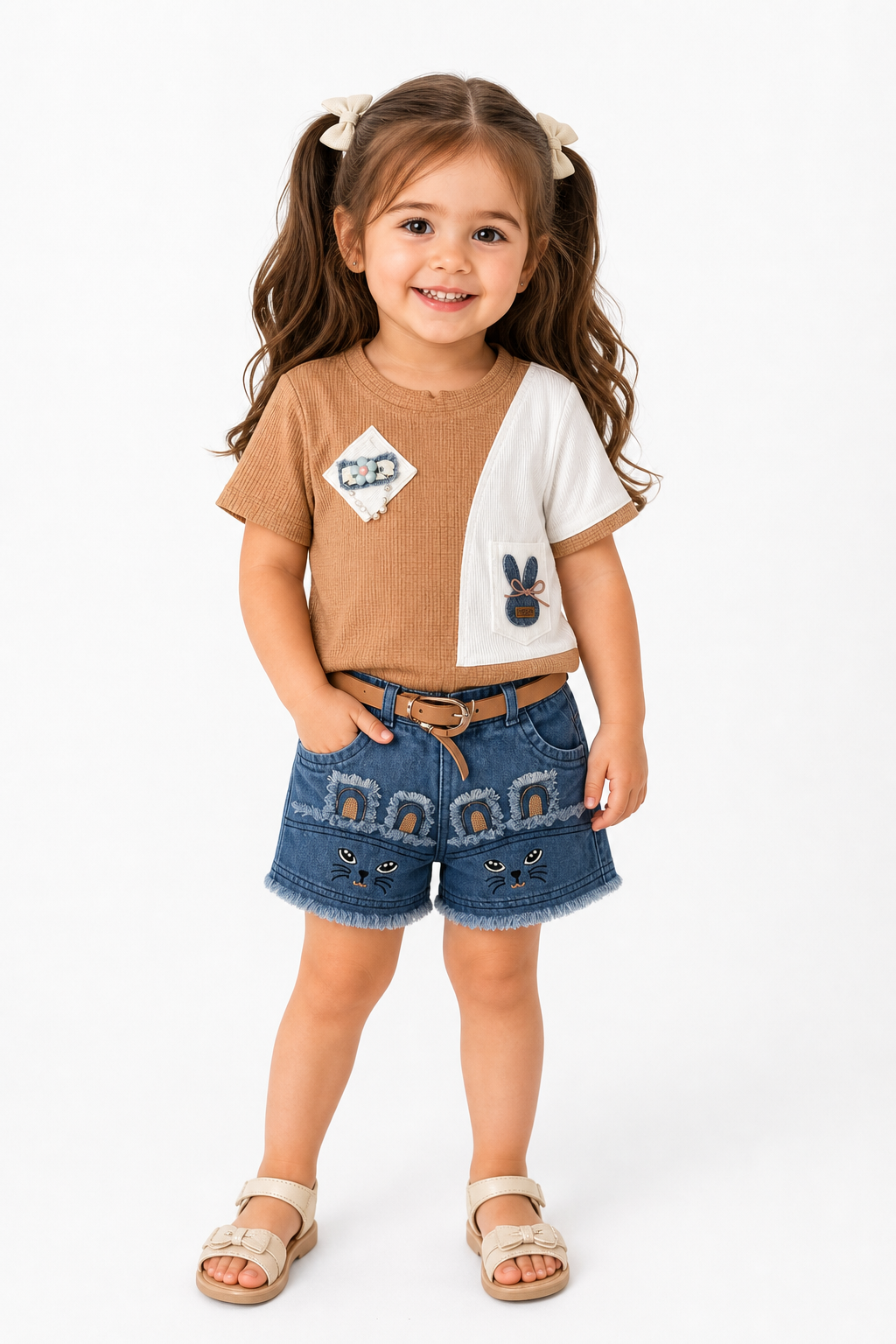 Kitty Patch Denim Shorts Set
