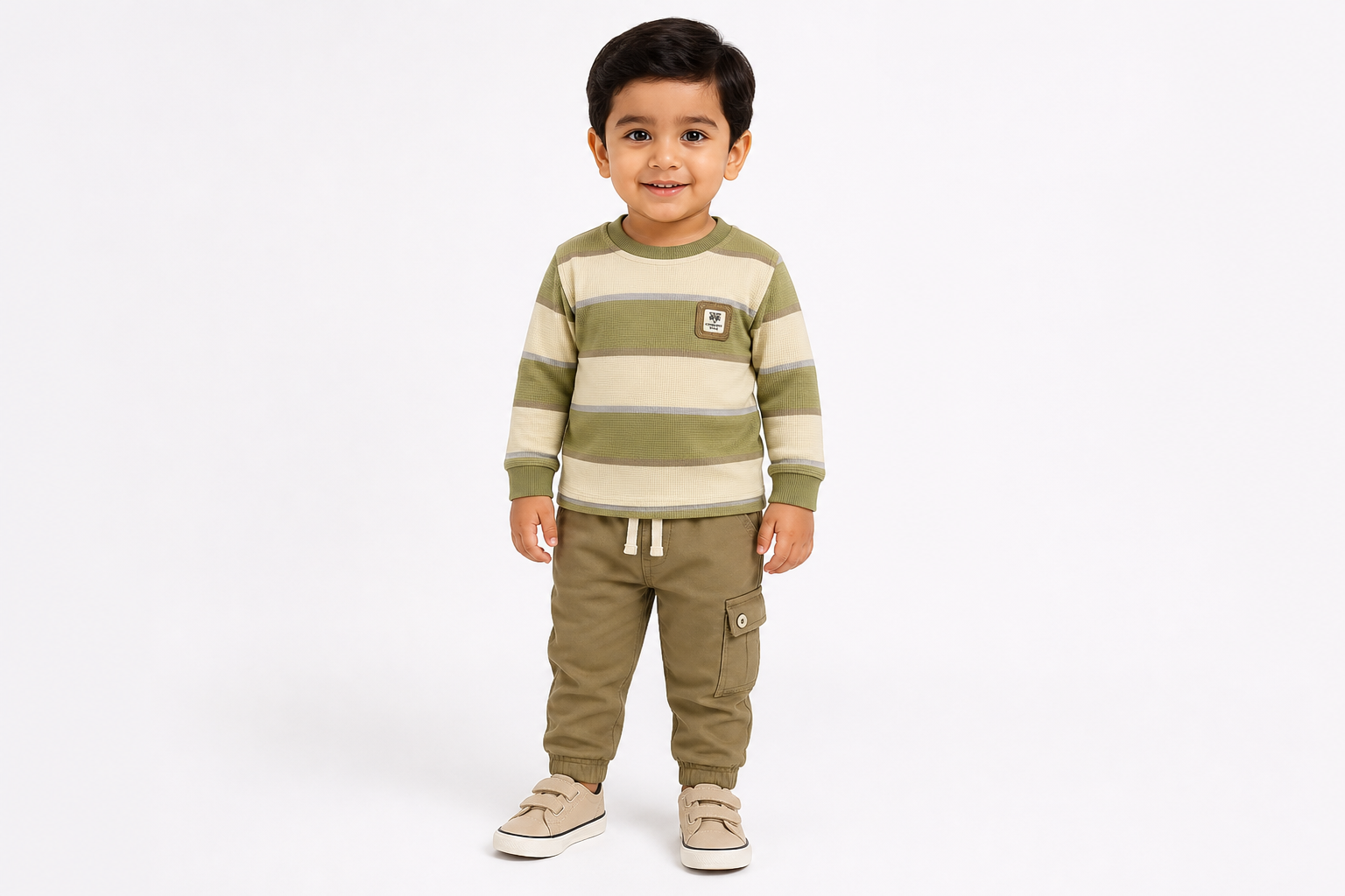 Olive Green Striped Full-Sleeve Set