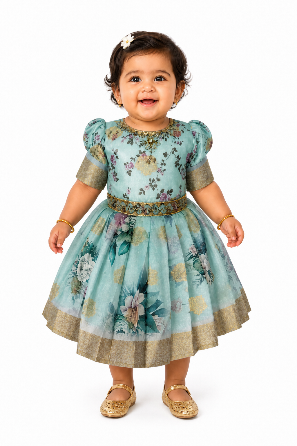 Sky Blue Floral Zari Frock