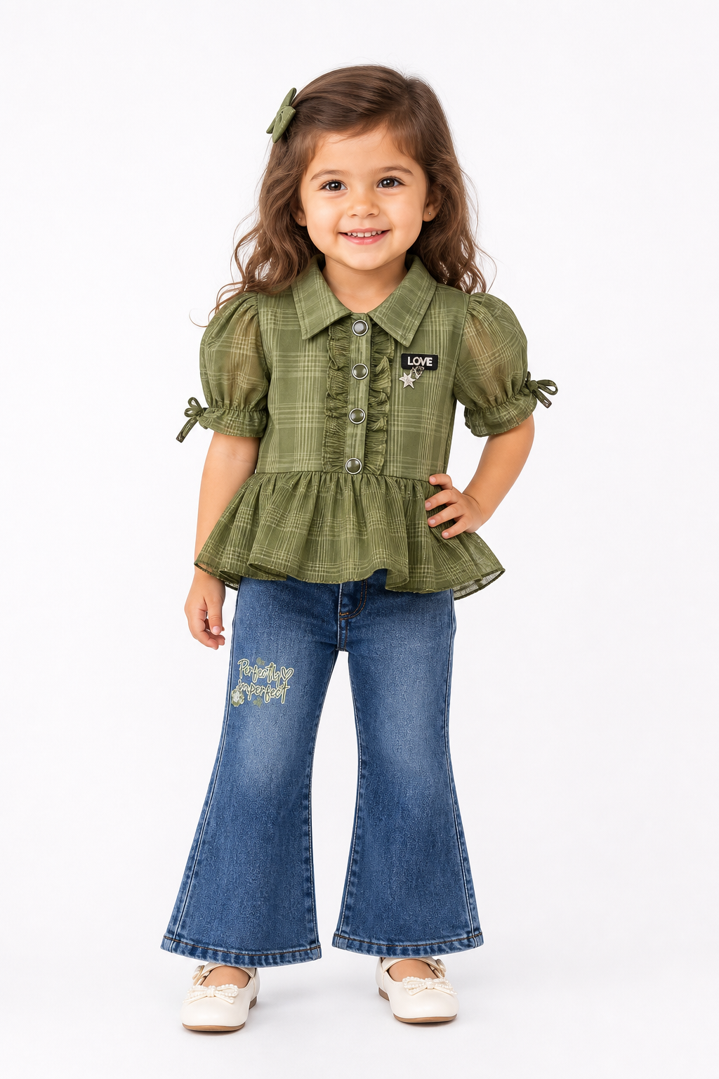 Olive Plaid Peplum & Jeans Set