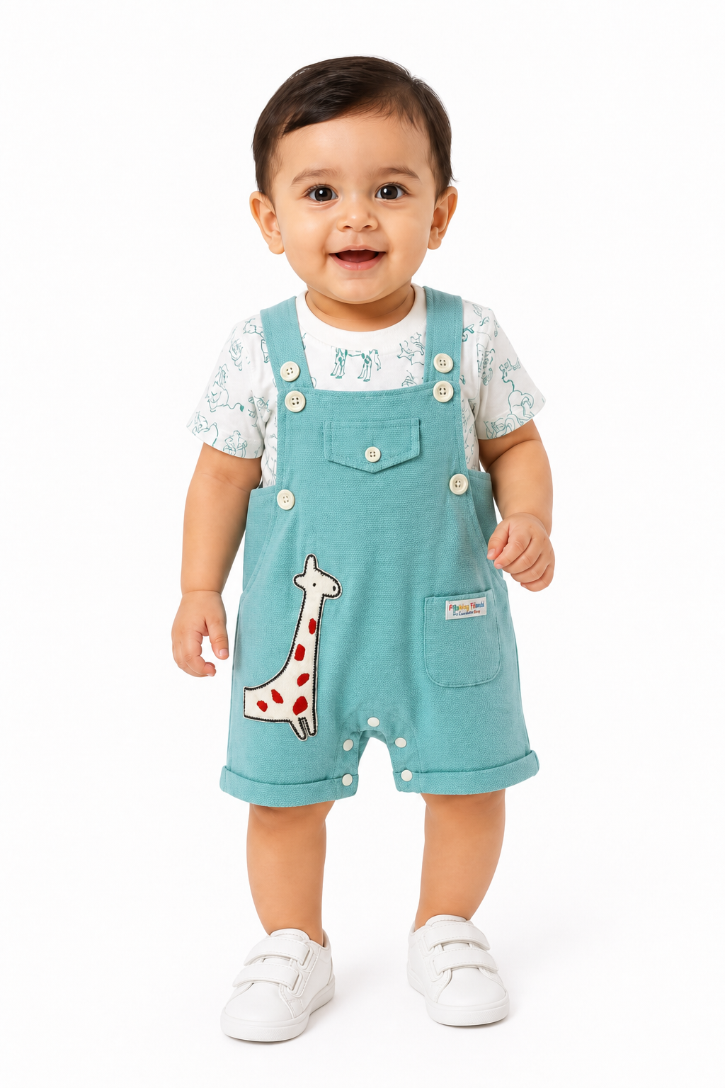 Teal Blue Giraffe Dungaree Set
