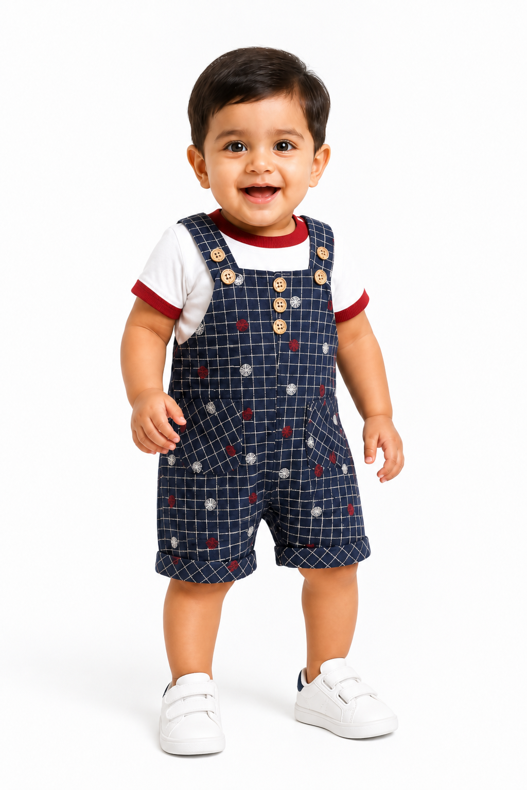Navy Checked Dungaree Set