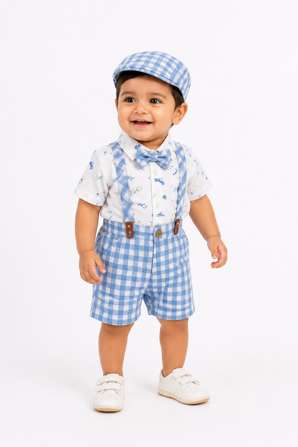 Blue Gingham Dungaree Shorts Set