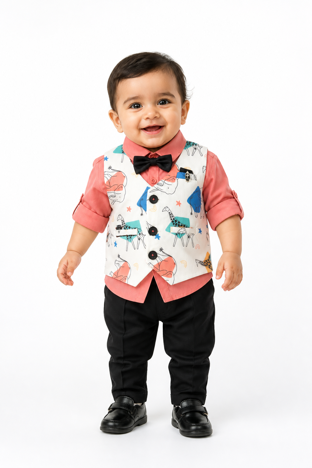 Peach Shirt & Printed Waistcoat Set