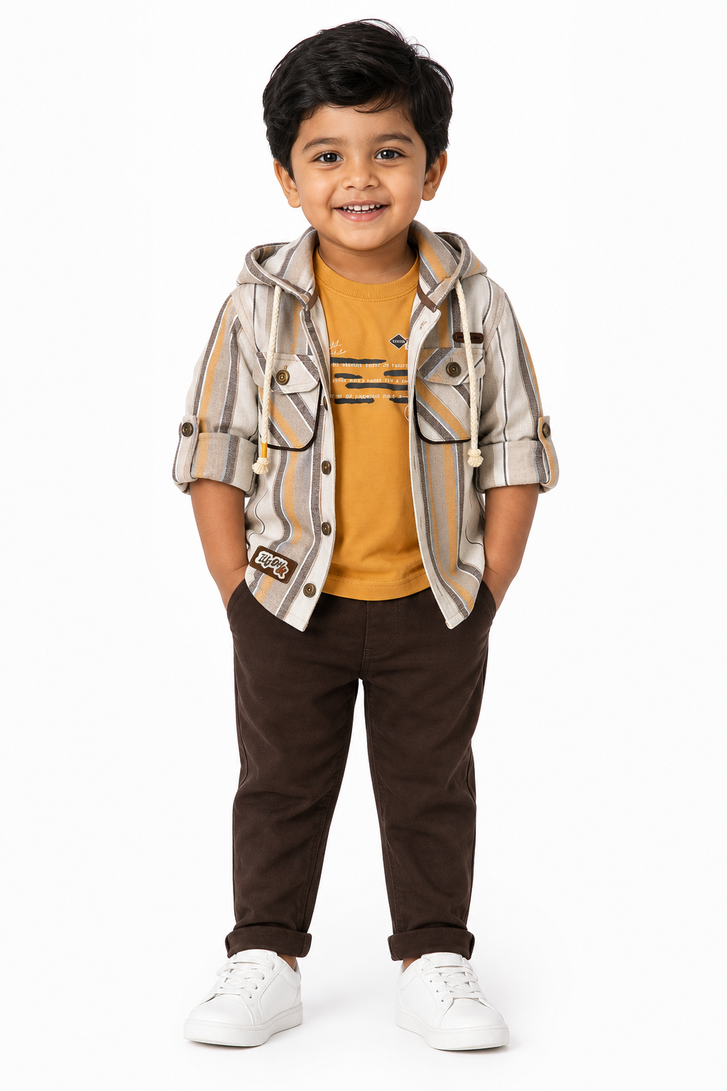 Beige Hooded Shirt Set