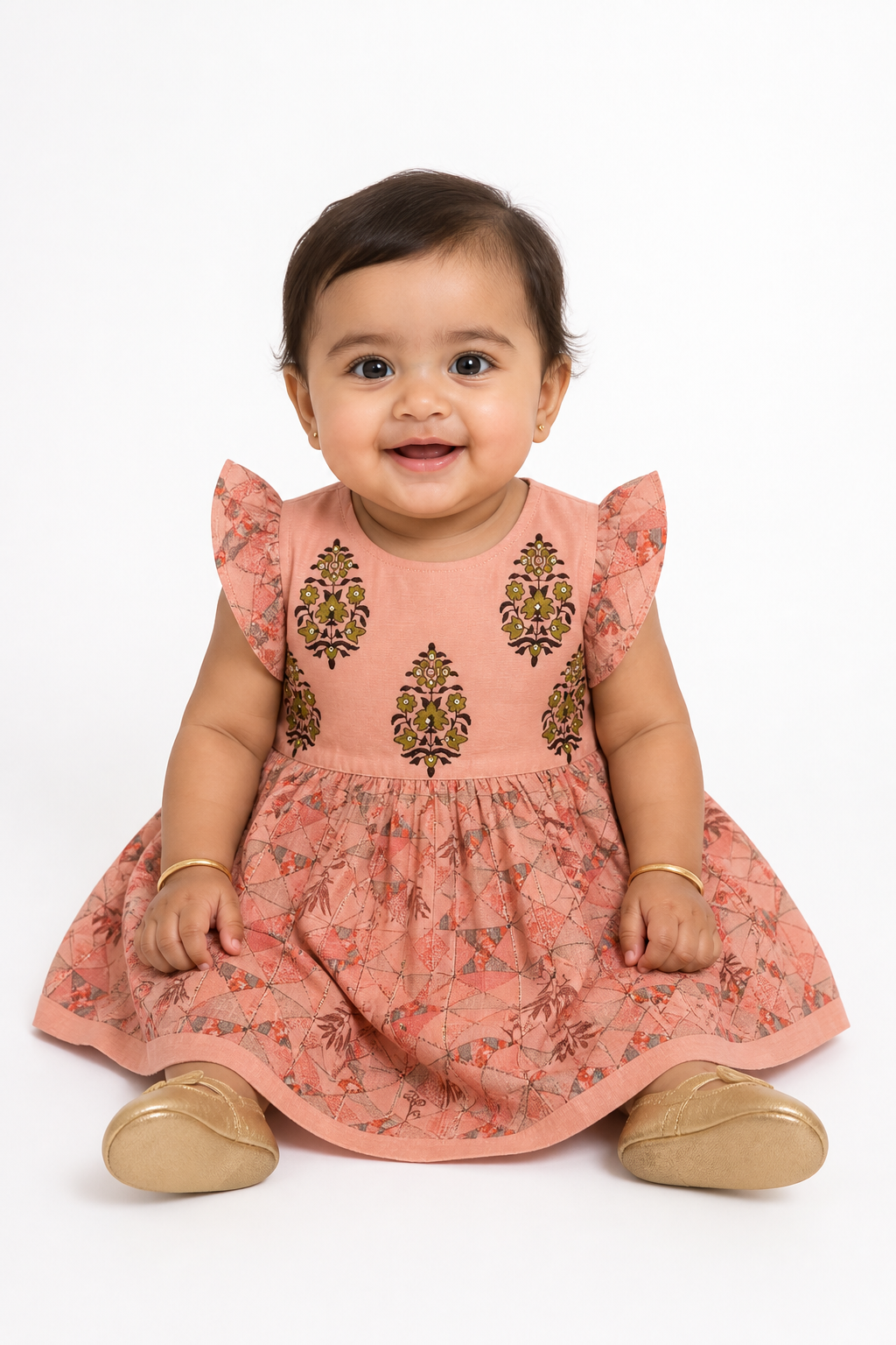 Peach Block-Print Silk Frock