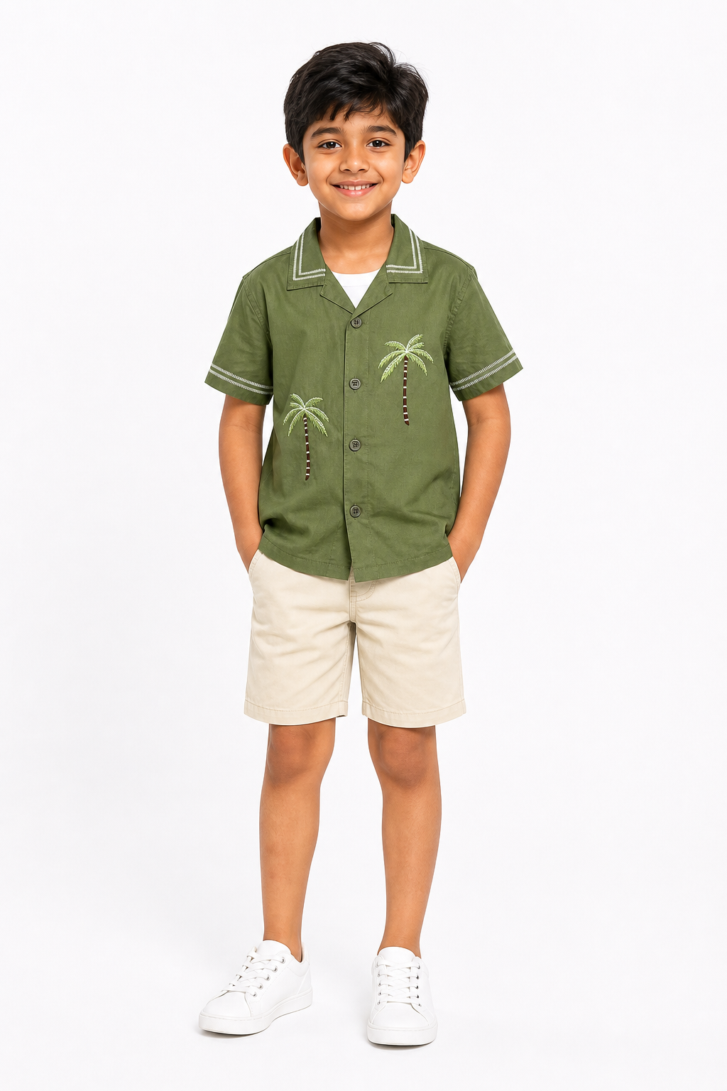 Green Palm Print Camp Shirt