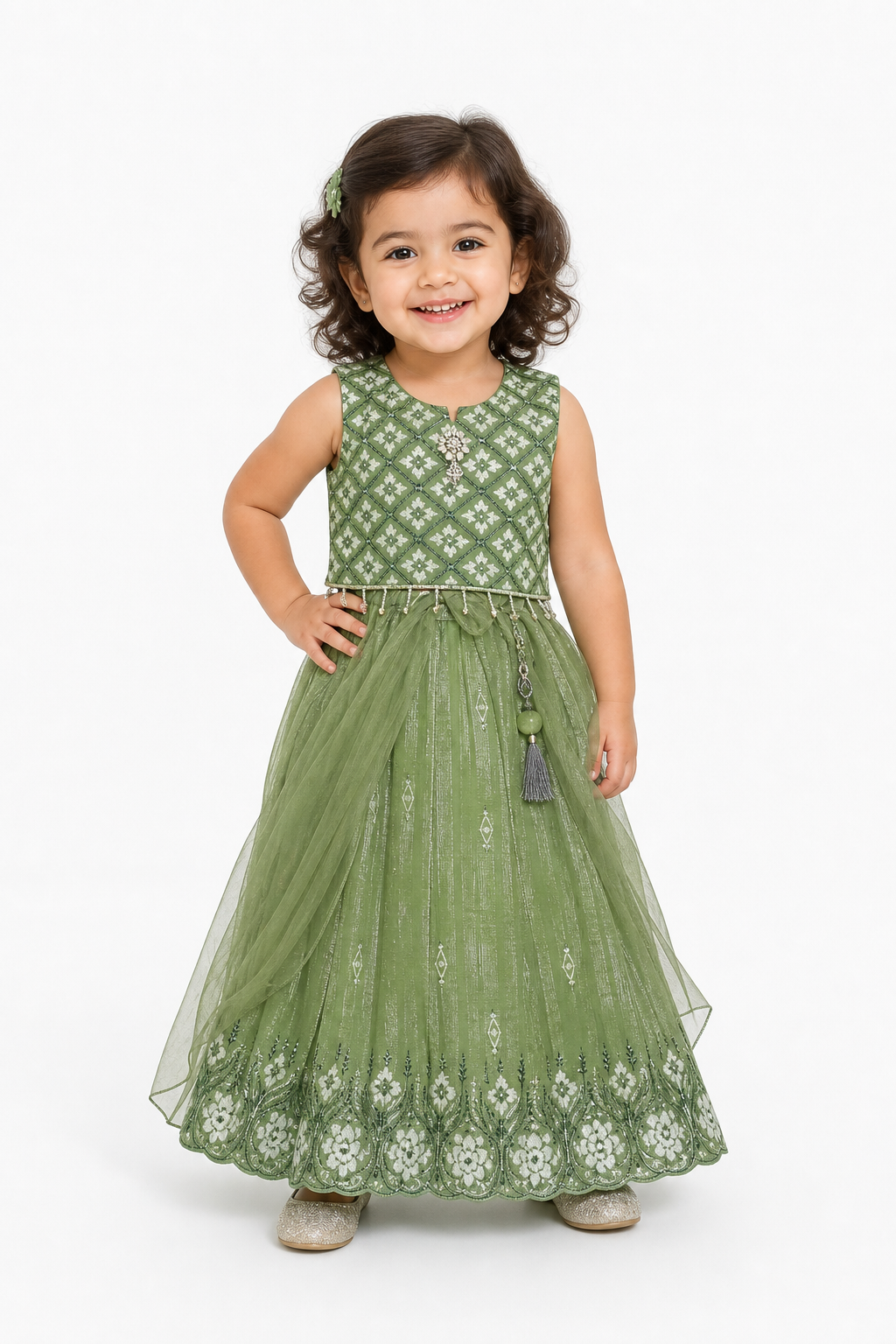 Sage Trellis Net Lehenga